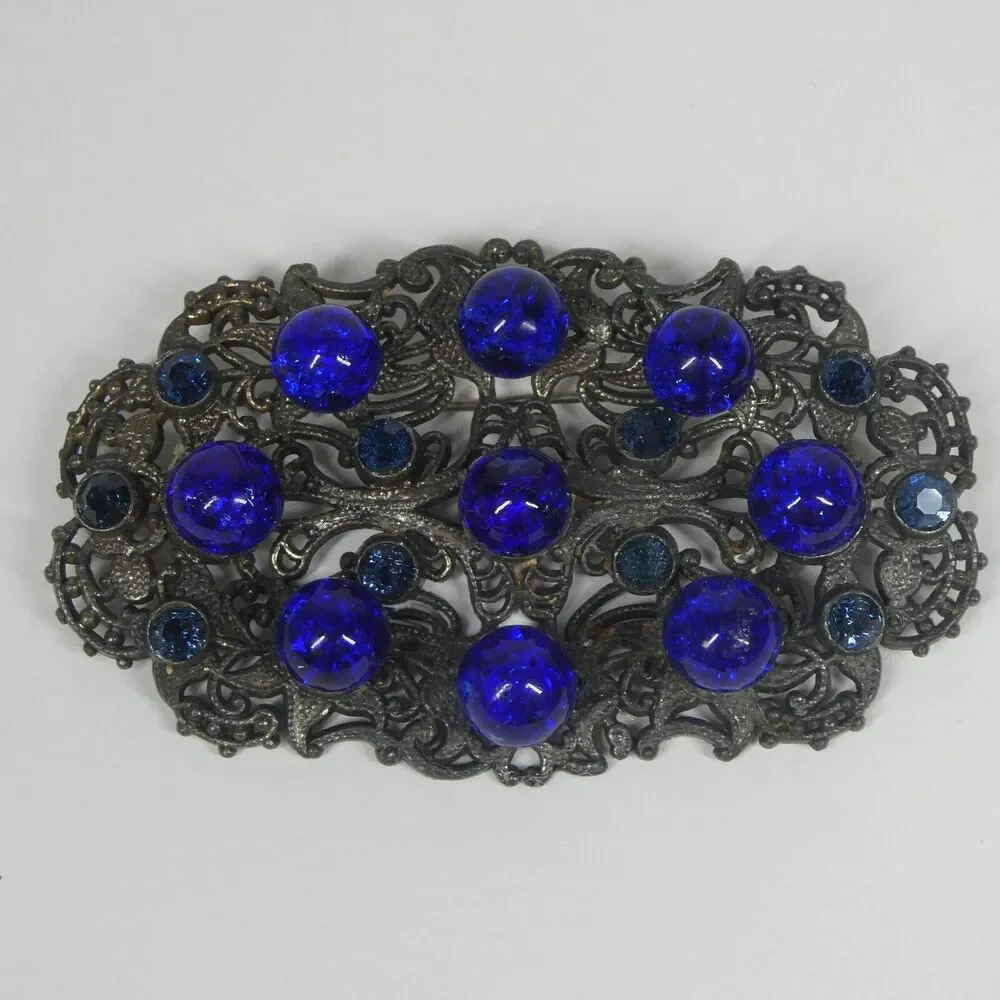 Silver Filigree Blue Rhinestone & Glass Crystal Brooch Antique Pin Czech?